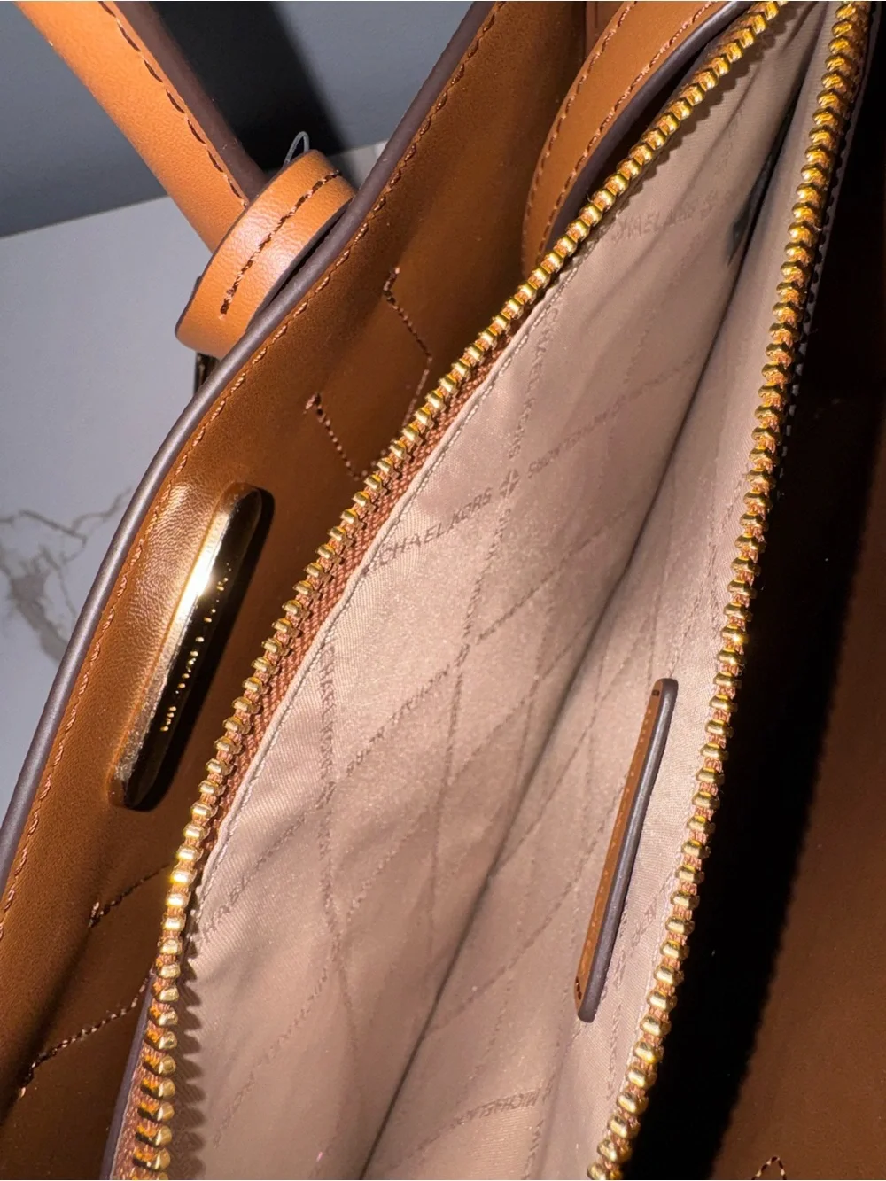 Michael Kors Tan Saffiano Leather Satchel with Gold Hardware